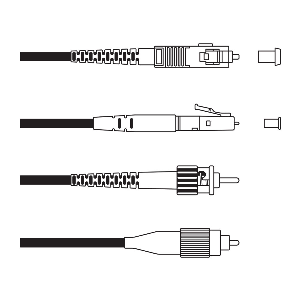 Inneos | Fiber Optics Unplugged: Understanding the Key Types of Optical Connectors and Their Critical Role Black and white illustrations of SC, LC, ST, and FC optical connectors.