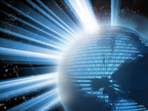 Inneos | Fiber Optic Components – Made in the USA A blue and white planet earth with binary code across the continents.
