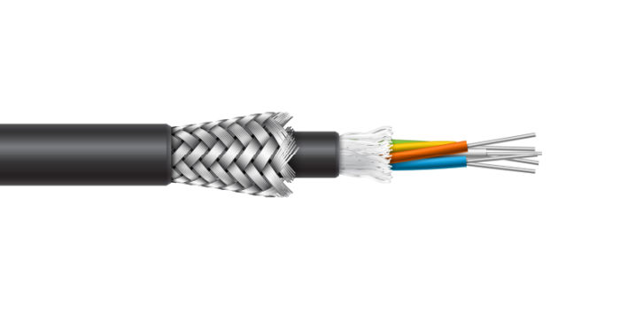 Inneos | Busting Myths about Fiber Optic Cables Fiber optic cable with braided armored shield structure isolated on white background.